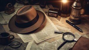 Vintage Detective Scene: Hat, Binoculars, and Documents
