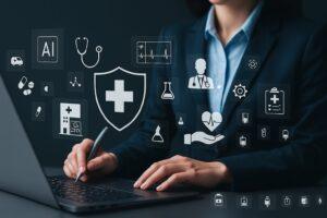 Digital healthcare concept with a woman using a laptop surrounded by medical icons. Represents online health services and technology in medicine.