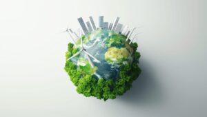 Sustainable Earth model with wind turbines, solar panels, green plants, and eco skyscrapers symbolizing clean energy, environmental protection, renewable resources, eco cities, and climate action