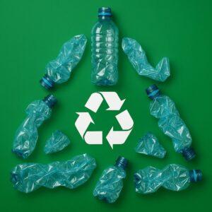 Recycled plastic bottles forming a recycling symbol on a green background. Represents environmental awareness and sustainability.