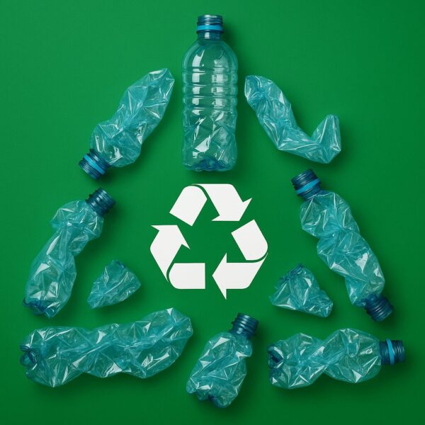 Recycled plastic bottles forming a recycling symbol on a green background. Represents environmental awareness and sustainability.