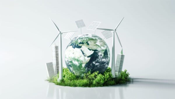 Sustainable Earth model with wind turbines, solar panels, green plants, and eco skyscrapers symbolizing clean energy, environmental protection, renewable resources, eco cities, and climate action