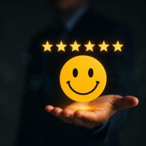 Hand holding a smiling face with five stars, representing positive feedback and excellent service.