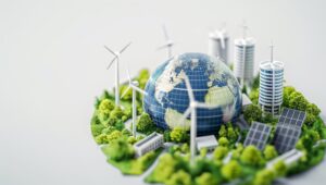 Eco-friendly smart city around a digital globe with wind turbines, solar panels, and green trees, representing renewable energy, sustainability, urban innovation, climate solutions, and clean technology