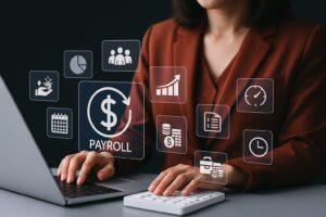 Payroll management concept with a person using a laptop and calculator, surrounded by financial and business icons. Represents salary processing and HR administration.