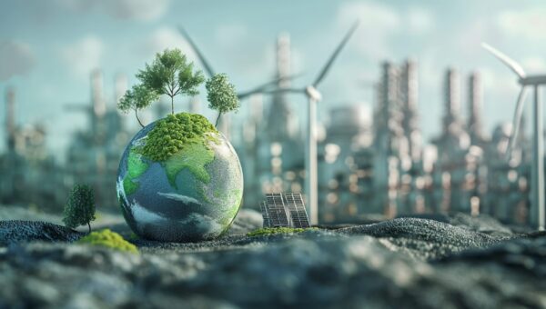 Mini Earth with green trees, solar panel and wind turbines in industrial background, symbolizing contrast between clean energy and pollution, sustainability, climate action and renewable future