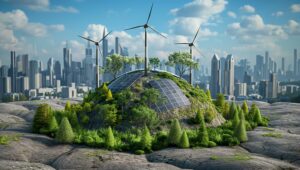 Green earth with solar panels, wind turbines, and trees in futuristic cityscape, symbolizing eco-innovation, smart energy, green tech, sustainability, urban resilience, and climate-friendly development