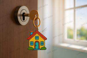 House Key in Door Lock with House Keychain - Security, Ownership