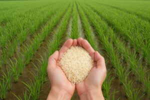 Hands holding a pile of brown rice over a lush green rice paddy field. Focus on agriculture, farming, and healthy eating in a natural setting