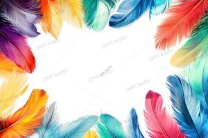 Colorful Feather Frame: Vibrant Texture, Artistic Design Element, Rainbow Hues, Light Plumes, Decorative Border, Abstract Background