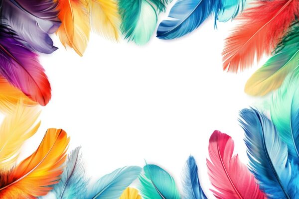 Colorful Feather Frame: Vibrant Texture, Artistic Design Element, Rainbow Hues, Light Plumes, Decorative Border, Abstract Background