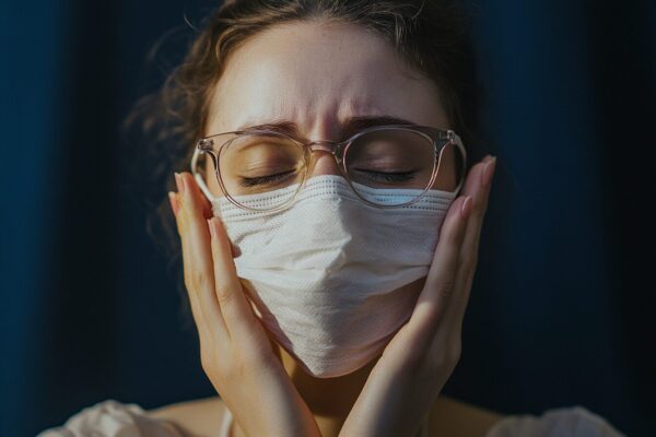 Worried woman wearing a protective face mask, expressing anxiety during a health crisis. Close-up portrait highlighting fear and concern during pandemic times
