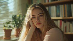 Pensive Young Woman: Natural Light Portrait, Soft Focus, Indoor Scene, Calm Expression, Beauty, Thoughtful