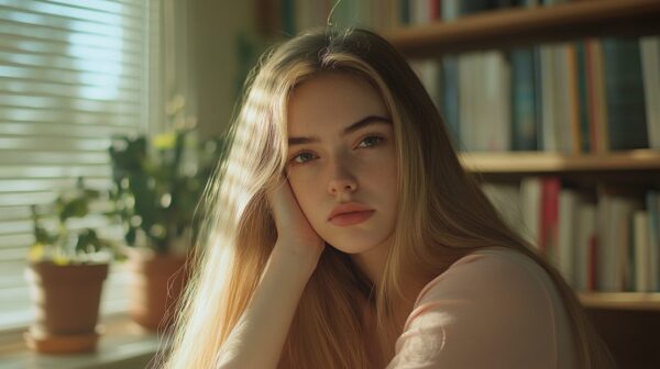 Pensive Young Woman: Natural Light Portrait, Soft Focus, Indoor Scene, Calm Expression, Beauty, Thoughtful