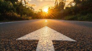 Golden sunrise over an open road with a clear white arrow marking the way forward. Inspiring travel and journey concept, symbolizing hope and new beginnings in a bright, scenic landscape.