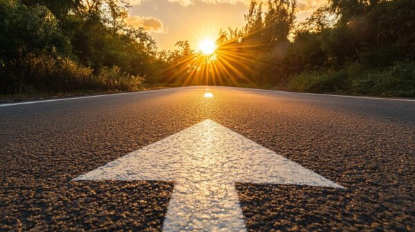 Golden sunrise over an open road with a clear white arrow marking the way forward. Inspiring travel and journey concept, symbolizing hope and new beginnings in a bright, scenic landscape.