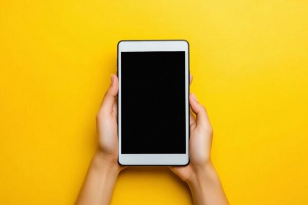 Hands Holding Tablet: Blank Black Screen, Yellow Background, Mobile Technology, Communication Device, Modern Gadget, Copy Space