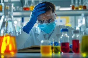 Stressed Scientist in Lab: Experiment Failure, Research Problem, Frustration, Medical Professional, Science Concept, Blue Gloves, Safety Glasses