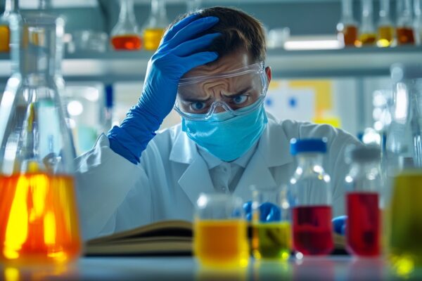 Stressed Scientist in Lab: Experiment Failure, Research Problem, Frustration, Medical Professional, Science Concept, Blue Gloves, Safety Glasses