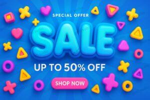 Colorful 3D sale banner with vibrant geometric shapes and bold discount text, up to 50 percent off special offer ad design for shopping promotions, retail marketing, e-commerce, and social media posts