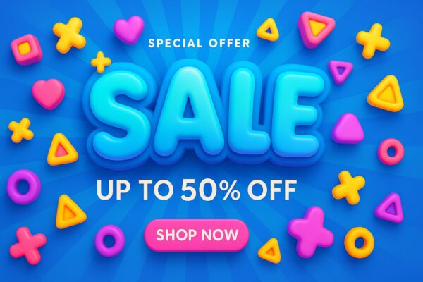 Colorful 3D sale banner with vibrant geometric shapes and bold discount text, up to 50 percent off special offer ad design for shopping promotions, retail marketing, e-commerce, and social media posts