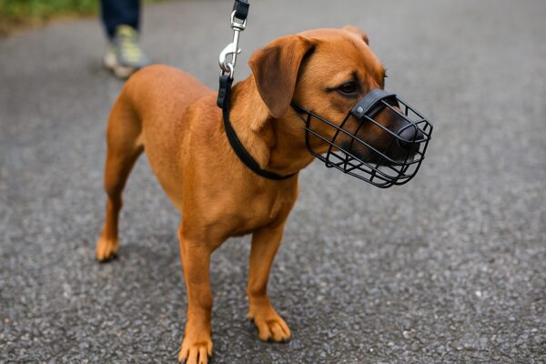 Brown dog wearing black muzzle on leash during walk, closeup of domestic pet with safety gear on asphalt road, protective canine restraint equipment for aggressive behavior prevention and control