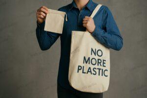 Person in blue shirt holding eco-friendly tote with No More Plastic text and small reusable cloth pouch, promoting zero waste lifestyle and sustainable alternatives to single-use plastic products