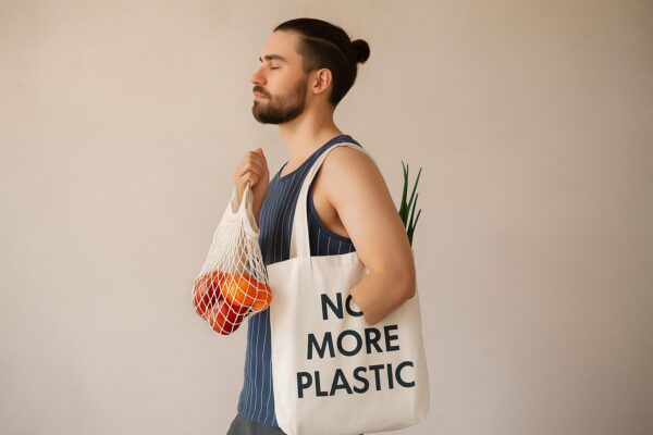 Young man holding mesh grocery bag and eco tote with No More Plastic text, sustainable shopping lifestyle concept with reusable produce bags, zero waste message and environmental awareness campaign