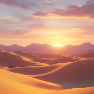 Stunning Desert Sunset Artwork: Golden Sand Dunes, Majestic Mountains & Serene Sky – Perfect for Travel, Nature & Landscape Projects | High-Resolution Digital Art