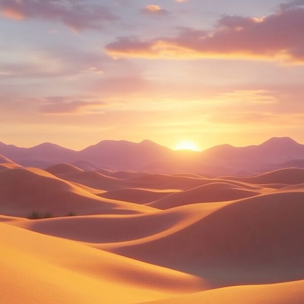 Stunning Desert Sunset Artwork: Golden Sand Dunes, Majestic Mountains & Serene Sky – Perfect for Travel, Nature & Landscape Projects | High-Resolution Digital Art
