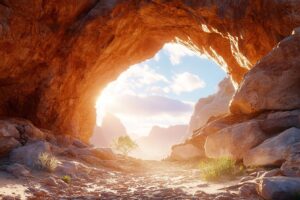 Mountain Cave View: Golden Sunset Desert Landscape